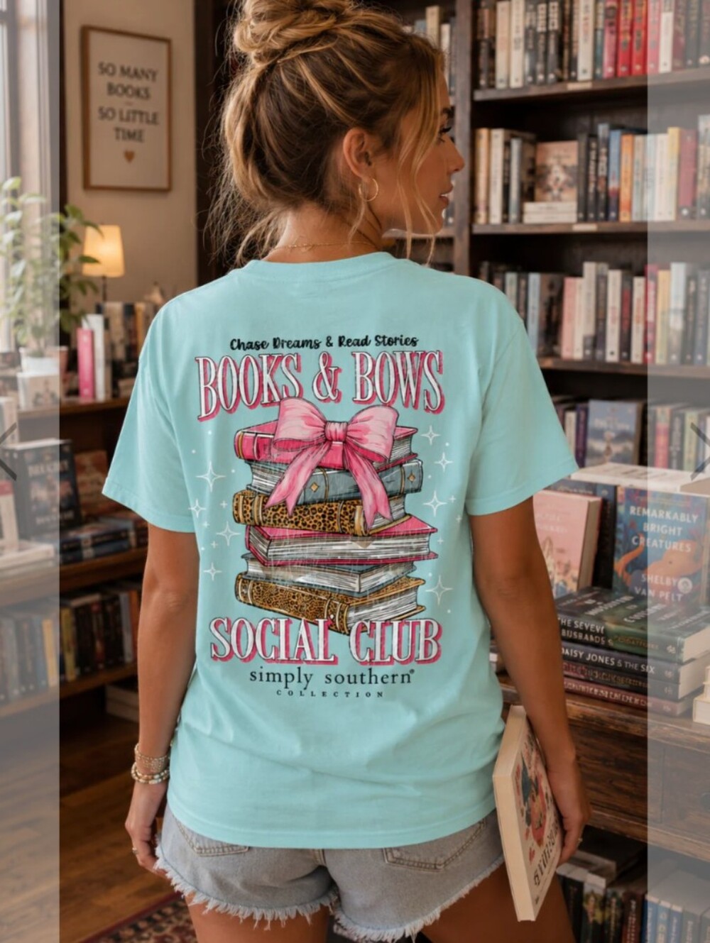 Assorted Sizes-Simply Southern Books & Bows Aqua T-Shirt-NWT - Picture 6 of 9